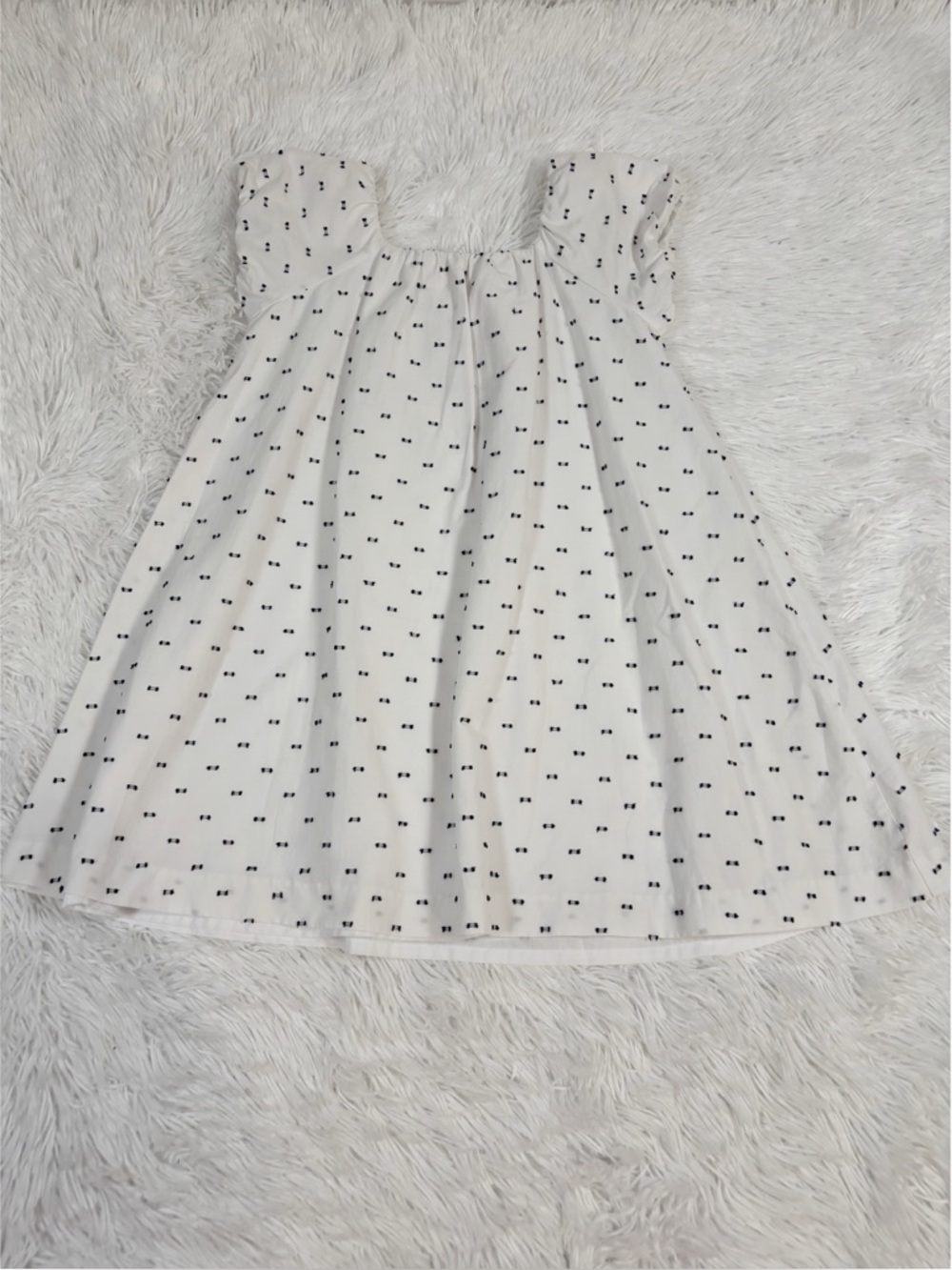 EdgeHill collection Girls puff sleeve White Dress with Black‎ Dot Pattern